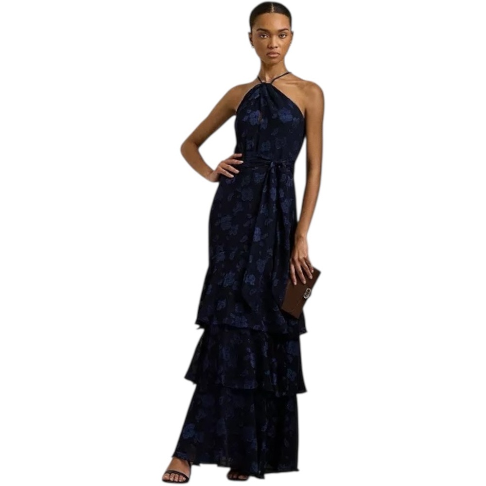 NWT Ralph Lauren Floral Jacquard Sleeveless Navy‎ Halter Dress Tiered Ruffle 14